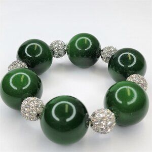 Green Bracelet Large Ball Beads with Crystal Round Beads Stretch Bracelet